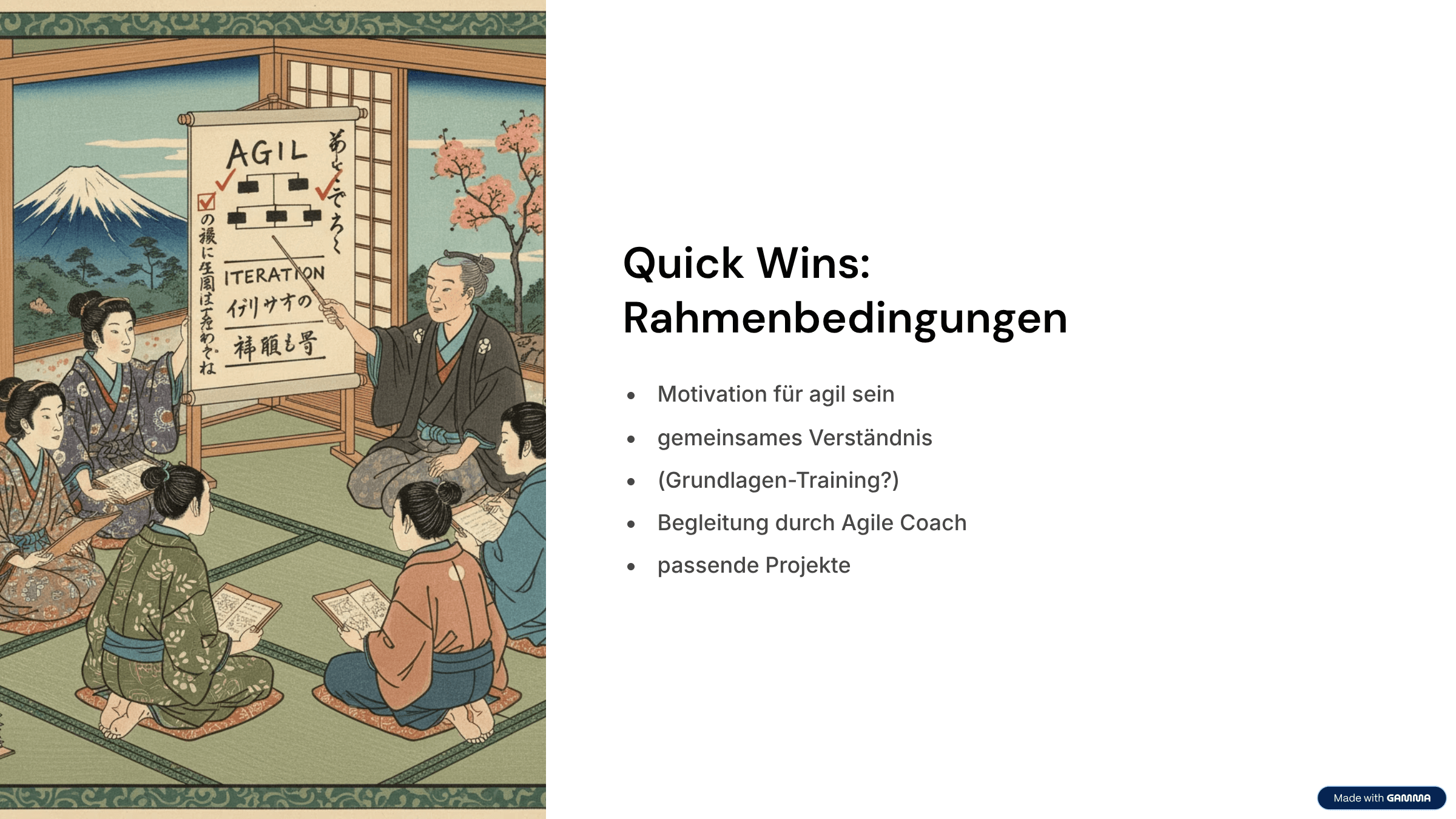 Details zu Quick Wins im Bereich Rahmenbedingungen: Motivation, gemeinsames Verständnis, Agile Coach und passende Projekte.