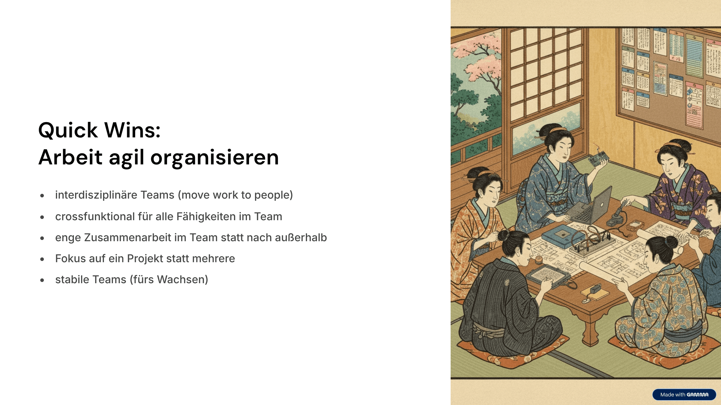 Details zu Quick Wins im Bereich 'Arbeit agil organisieren': Interdisziplinäre Teams, Crossfunktionalität, Fokus.