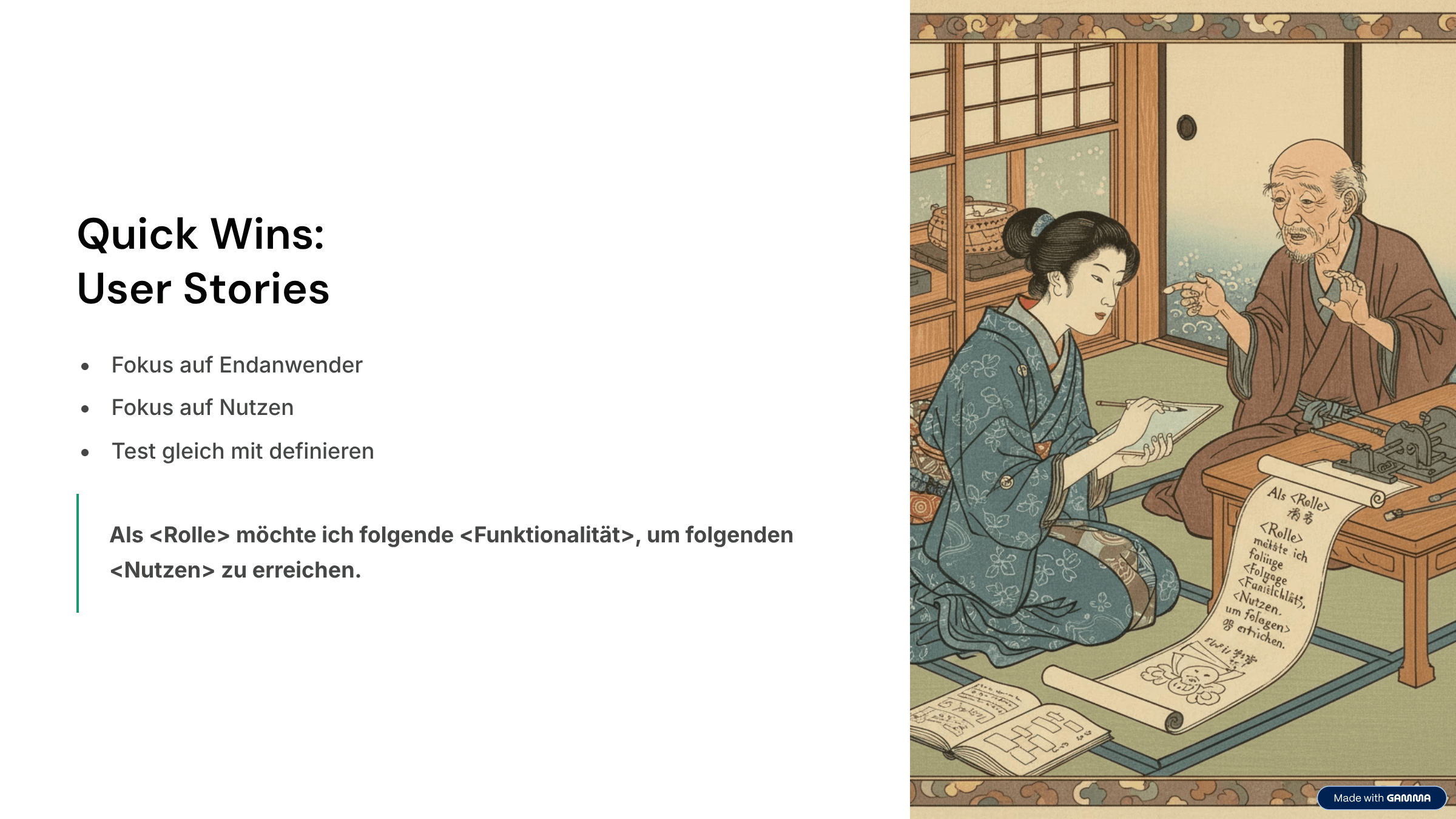 Details zu Quick Wins im Bereich 'User Stories': Fokus auf Endanwender, Nutzen und das Format von User Stories.