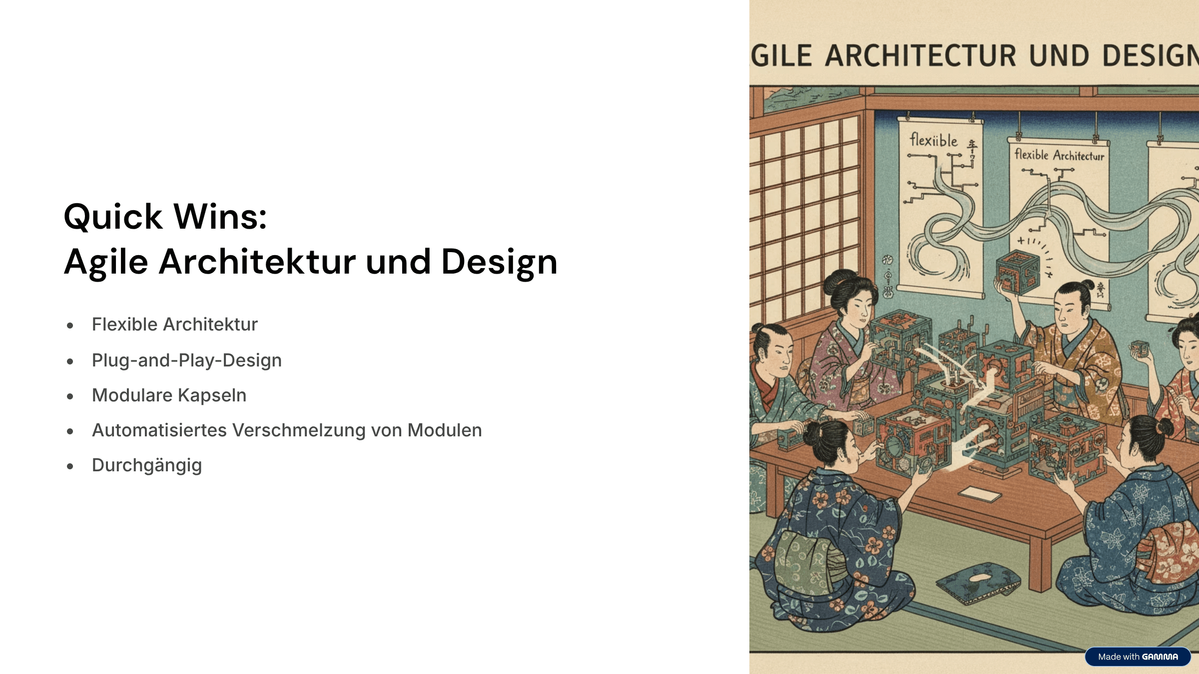 Details zu Quick Wins im Bereich 'Agile Architektur und Design': Flexible Architektur, Plug-and-Play, modulare Kapseln.